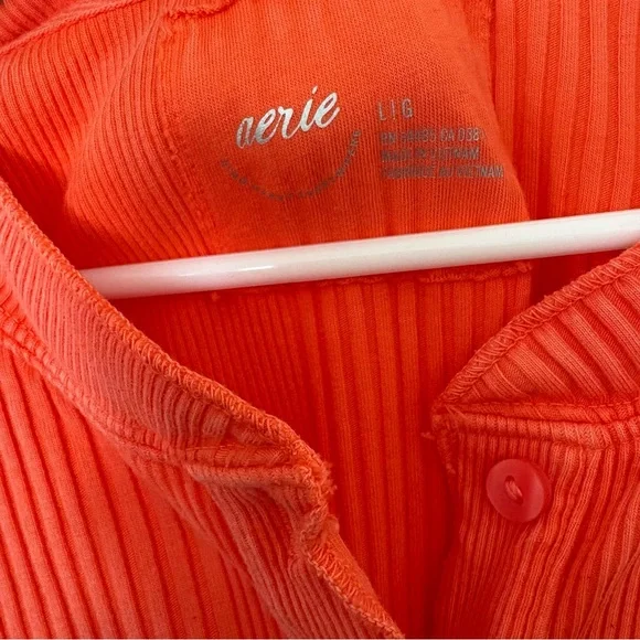 aerie Long Sleeve Ribbed Henley Tee in Bright Red-Orange - Picture 2 of 2